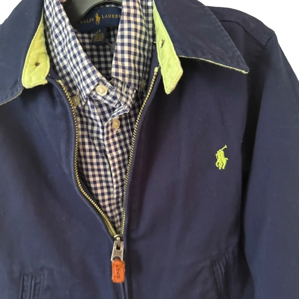 Ralph Lauren Boys Zip Up Blue Jacket & Blue Check Shirt Sz 6, 2 Pcs Set